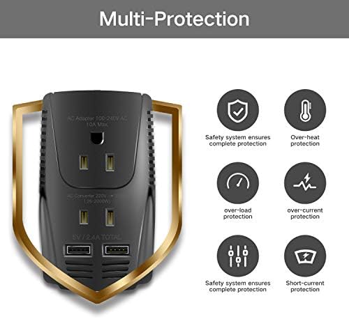 2000W Travel Voltage Converter for Hair Dryer, Hair Straightener, Flat Iron, 220V to 110V Mini Transformer, Adapter with Dual Port USB and US/UK/AU/EU Plug Wall Charger for Cell Phone, Camera, Laptop