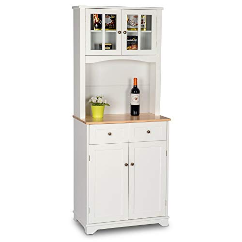 Amooly Buffet Hutch Standing Kitchen Cabinet with Top & Bottom Enclosed,Glass Doors,2 Drawers and Large Open Space for Microwave,White