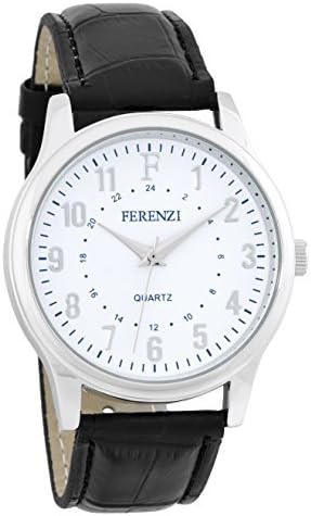 Ferenzi Men's | Classic 24hr White Face Black Alligator Style Band Silver Watch | FZ16001