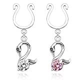 Swan Dangle Clip on Non-Pierce Fake Nipple Rings With Single CZ - Sold as a Pair