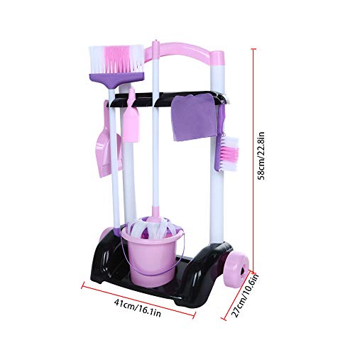 Mini Cleaning Trolley Set,Kid-Sized"Little Helper" Cleaning Handcart Toy Home Cleaning Products Pretend Play Set Kids Home Toddler Cleaning Set Includes Broom,Mini Sweeper, Toy Cleaning Supplies (Purple)