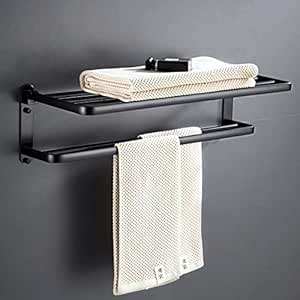 Sonrisa Toalleros de Baño Pared, Negro Aluminio Toallero sin Taladro, Plegable 90° Estante de Baño de Pared para Cocina e Ducha,Impermeable Adhesivos ...