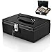 Flexzion Cash Box with Money Tray and Lock - Metal Money Box for Cash Storage with Secure Latch Lock & Key - Black Petty Cash Box with 7 Compartment Money Tray for Small Businesses, 11x7.7x3.5 Inches
