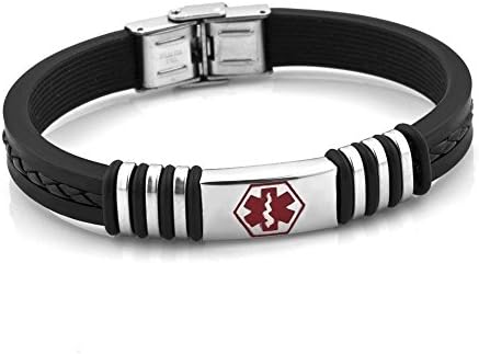 LuckyJewelrys Stainless Steel Black Leather Medical ID Alerts Emergency Bracelets Allergic to Penicillin