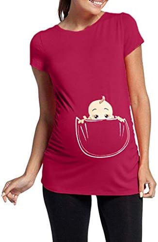 Women's Maternity T Shirt Cute Funny Baby Peeking Print Tee Ruched Side Pregnancy Tops (Hot Pink, L)