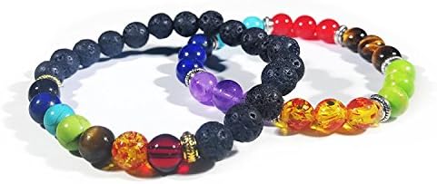 Chakra Bracelet 7 Gemstone SET Genuine Holistic Healing Jewelry for Men and Women 1 Black Lava Beads Bracelet and 1 Multicolored