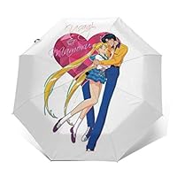 Usagi And Mamoru Sailor Moon Chiba Tuxedo Mask Windproof Compact Auto Open And Close Folding Umbrella,Automatic Foldable Travel Parasol Umbrella