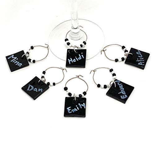 Wine Glass Charms with Chalk Marker to Write Names, Reusable for Parties, Holidays, Gifts and Decoration (Black, 6 Pack)