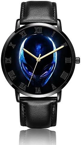 Whiterbunny Customized Blue Alien Wrist Watch Unisex Analog Quartz Fashion Black Leather Strip/Black Dial Plate for Women and Men