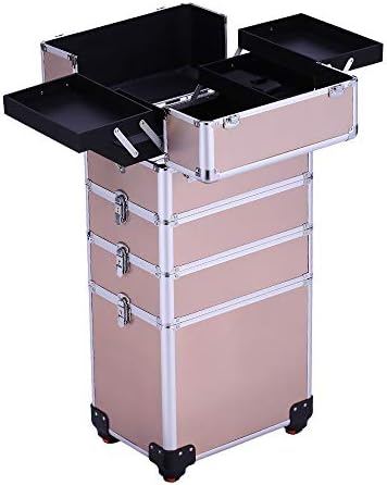 Usikey 4 in 1 Professional Aluminum Alloy Rod Universal Wheel Cosmetic Train Box Detachable Cosmetic Storage Box with Shoulder Strap(Rose gold)…