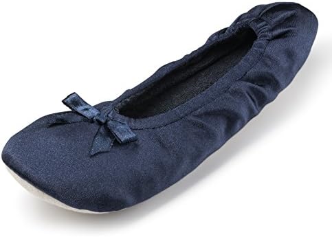Cartoon Club Satin Ballerina House Slippers For Girls w/Soft Cotton Terry Lining- Cute Ballet Indoor Shoes For Kids Navy Size L