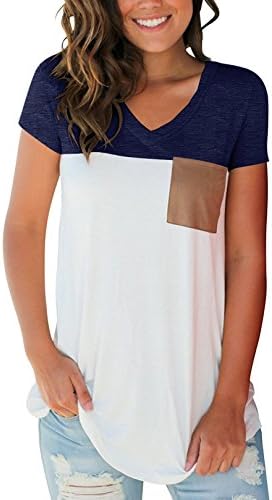 Aolakeke Short Sleeve V Neck Color Block T-Shirt Tops Casual Blouse Suede Pocket