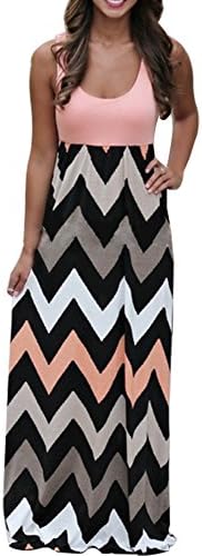 Chuangxiangt Womens Fashion Casual Sleeveless Scoop Neck Wave Striped Tank Maxi Long Dress (L, Pink2)
