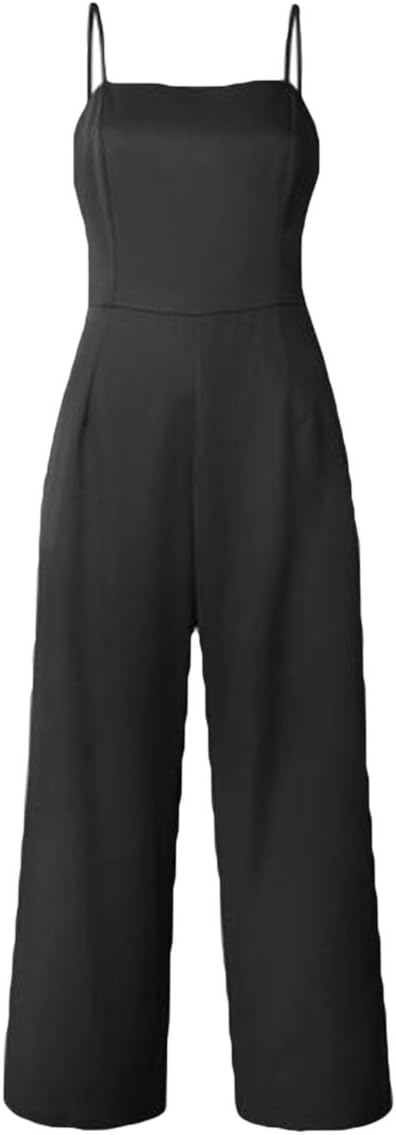 ezShe Women's Spaghetti Strap Blackless Classic Long Jumpsuit Romper