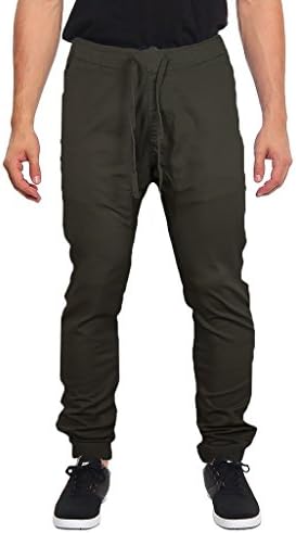 Mens Drop Crotch Solid Stretch Twill Jogger Pants (L, Olive)