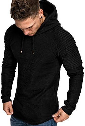 KENANCY Mens Pullover Hoodie Solid Pleat Hem Curved Long Fleece Sweatshirt