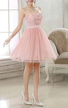 Amazon Makalika ベアトップ チュール ドレス ワンピース レディース フラワー モチーフ エレガント 結婚式 ブライダル パーティー ピンク ベージュ バイオレット ピンク L サイズ ワンピース チュニック 通販