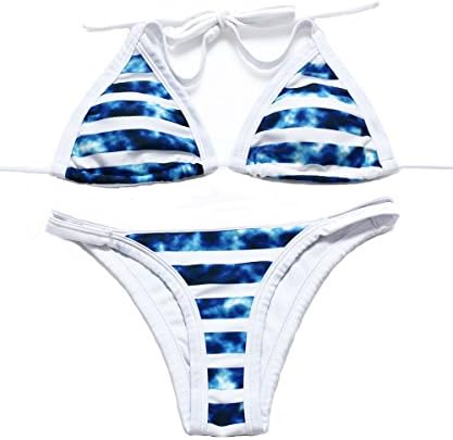 RELTANGL Women's Traingle Halter Swimwear Print Swimsuit Bikinis Set(L,Blue)