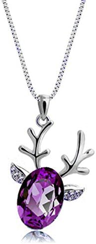 Onefeart White Gold Plated Pendant Girls Necklace For Women,Deer Purple Zirconia Rolo Chain 40x3x1.9CM