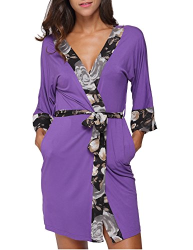 Fadshow Women's Short Nightwear Nightgown with Floral Trim,Purple