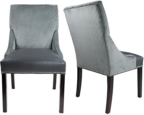 Sole Designs The Marie Collection 2 Tone Velvet Back Faux Leather Upholstered Double Dow Dining Chairs with Nailhead Trim (Set of 2), Grey