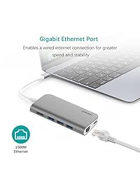 anyqoo 8 en 1 Portable Puerto HUB con Type C USB C, Gigabit Ethernet, salida HDMI, ranura para tarjetas SD TF, Función de 3 puertos USB 3.0, entrega de potencia para MacBook Pro, Chromebook, iMac 2017 y más, Gris