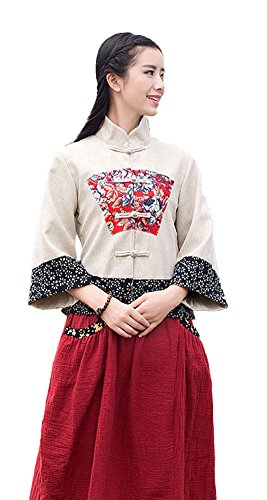 Plaid&Plain Women's 3/4 Sleeve Linen Chinese Traditional Clothing