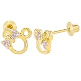 18k Gold Plated Pink Cubic Zirconia Mouse Screw Back Children Girls Earrings