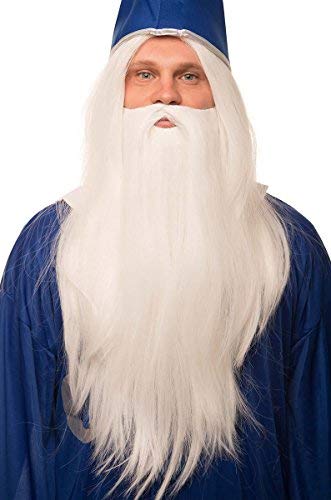 Zauberer Perücke in weiß im Set mit weißem Bart für Herren & Damen Magier Hexer Gandalf Merlin Fasching Karneval