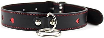 Adjustable Black Choker Necklace Red Heart Patterns Pvc Leather Neck Collar with O Rings (Black)