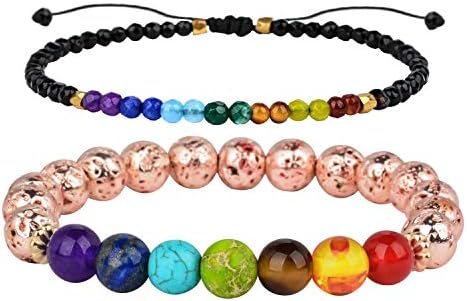 W WOOGGE 2 Pack Couples Bracelet for Men Women 8mm Lava Rock 7 Chakra Diffuser Bracelet Elastic Natural Stone Yoga Beads Bracelet Bangle