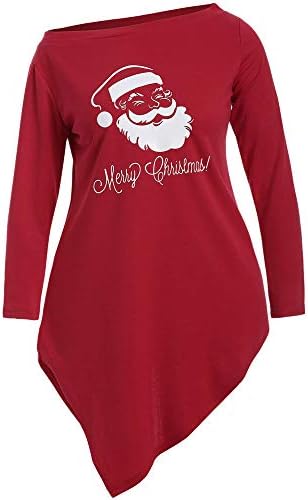 Clearence Fashion Women Skew Neck Merry Christmas Long Irrregular Santa Claus Print Tee