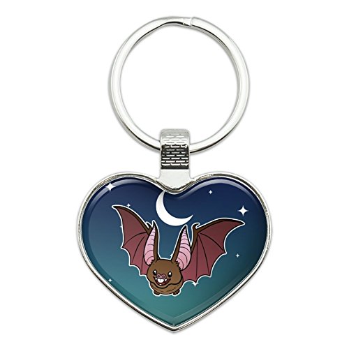 Cute Bat Cartoon Flying at Night Heart Love Metal Keychain Key Chain Ring