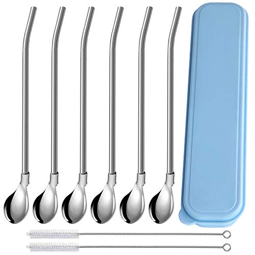 image for Pinowu Reusable Spoon Drink Straws Value Pack 6pcs with 2 Clean Brush 