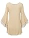 Amstt Bat Wing Slim Lace Polyester Bell 3/4 sleeves Crewneck JADE Long Tunic Top, Beige, Medium