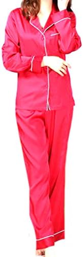 Fulok Ladies' Satin Button down Solid Homewear Pj Pajamas Set Red Medium