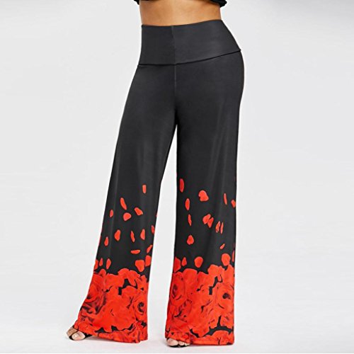 ManxiVoo Womens Plus Size Casual Wide Leg Trousers Pants Fashion Rose Petal Printed Loose Pants (XXXXXL, Red)