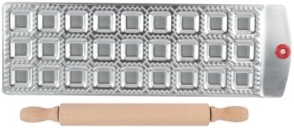 Genetek 27 Square 1.3 in x 1.3 in Kitchen Ravioli Maker in Aluminum Alloy Makes 27 Perfect Cuts with Mini Wooden Rolling Pin Included. Great for Pasta, Dumpling, Pelmeni, Pierogi, Kreplach, and More!