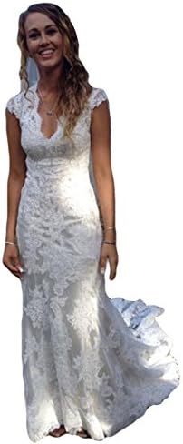 Liyuke V-Neck Mermaid Country Wedding Dresses Sleeveless Bridal Dress for Women White US 16