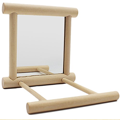 Bird Toys Wooden Perch With Mirror Parrot Cage Stands Chewing Playing Hanging Toys