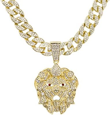 Jewelry4All Iced Out Lion Pendant on 15mm Plated Cuban Link Chain Covered in Simulated Diamond Crystals