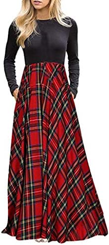 AmyDong Women's Long Sleeve Empire Waist Plaid Splicing Full Length Maxi Dress with Pockets