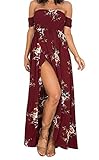 SVALIY Women Floral Off the Shoulder Split Chiffon Maxi Beach Dress Wedding Party (M, Red Wine)