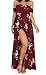 SVALIY Women Floral Off The Shoulder Split Chiffon Maxi Beach Dress Wedding Party (M, Red Wine)