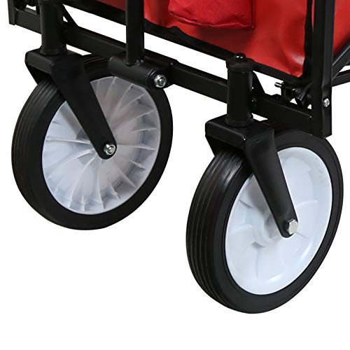 Collapsible Outdoor Utility Wagon with Top Canopy, Heavy Duty Folding Garden Portable Hand Cart, with Drink Holder, Suit for Shopping and Park Picnic, Beach Trip and Camping (Red w top) - Thumbnail 4