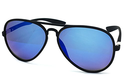 O2 Eyewear 539 Soft Matte Finish Mirror Aviator Vintage Hippie Retro Candy Revo Flat Top Sunglasses (Matte Finish, BLUE / BLACK FRAME)