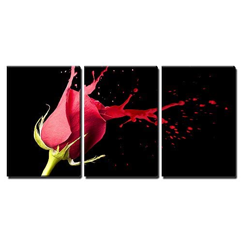 Red Rose with Red Splashes on Black Background Home Art x3 Panels