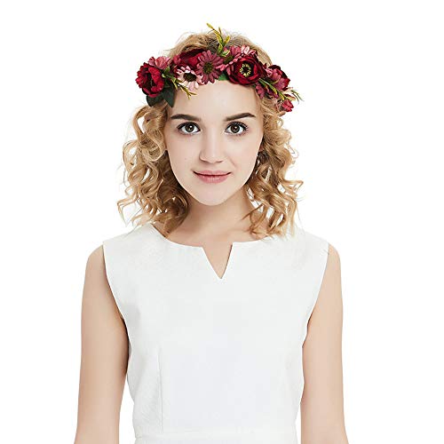 inSowni Handmade Rose Flower Wreath Crown Headband with Ribbon for Women Girls (Burgandy Daisy Ribbon)