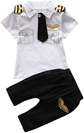 Infant Baby Little Boys Outfits Gentleman Pilot Tie Print Short Sleeve Tops Pullover Shirt Solid Pants 2Pcs Set