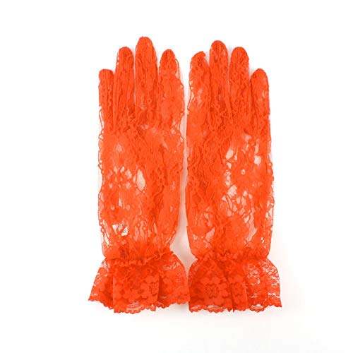 Fancy Floral Sheer Lace Tea Party Vintage Style Ruffle Wrist Dressy Gloves Orange - Thumbnail 2